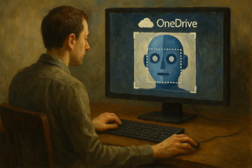 Person at desk watching a blue robot face on OneDrive screen doing facial recognition