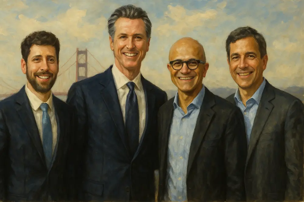 Gavin Newsom standing with three smiling tech executives in front of the Golden Gate Bridge