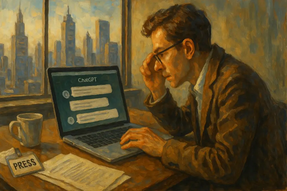 A journalist sits at a desk in front of a laptop displaying ChatGPT chat bubbles, adjusting his glasses while scrolling