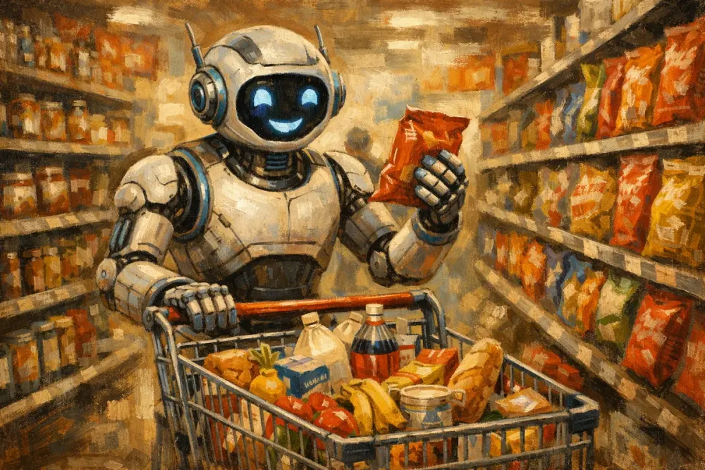 Robot pushing a grocery cart through a store aisle