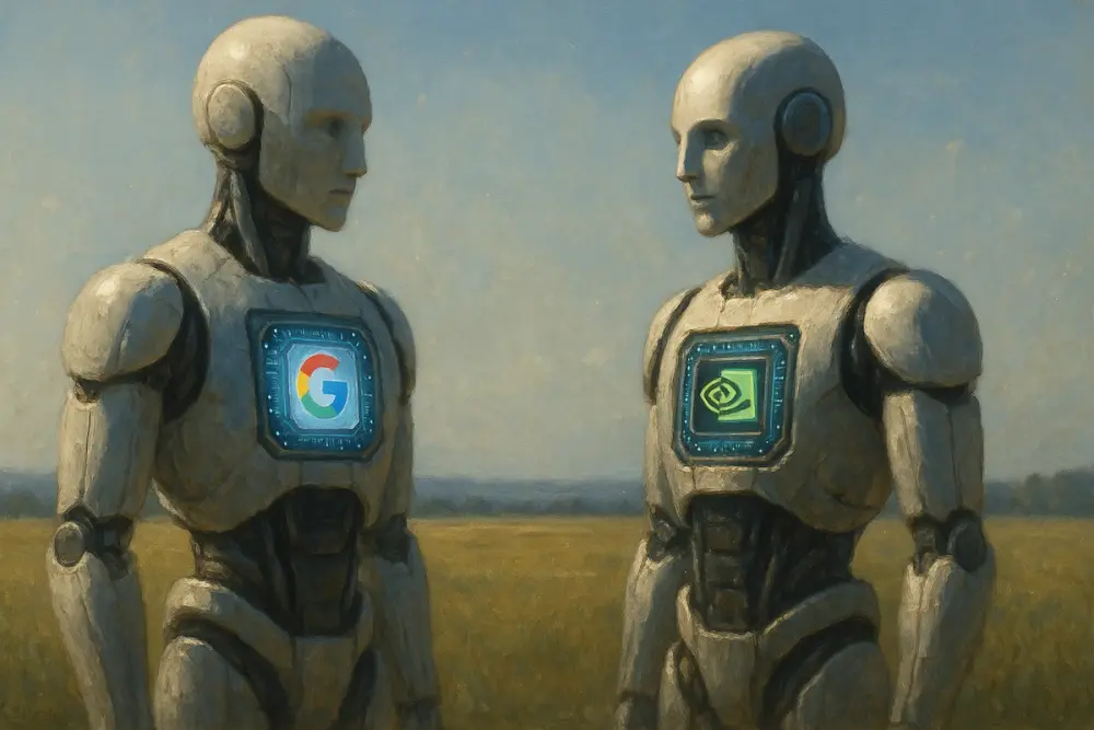 Two robots with Google and NVIDIA logos face each other