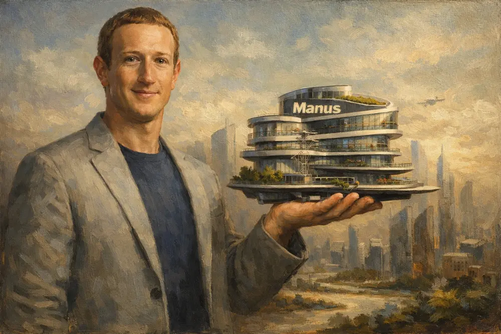 Mark Zuckerberg holding a miniature futuristic building labeled Manus.