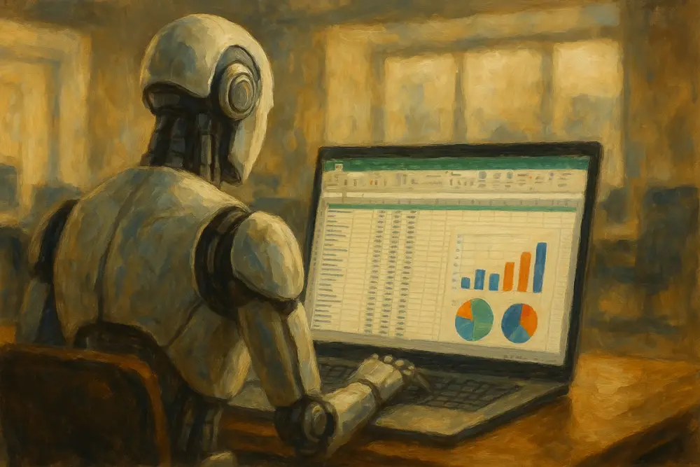 A humanoid robot viewed from behind, working on a laptop displaying an Excel spreadsheet