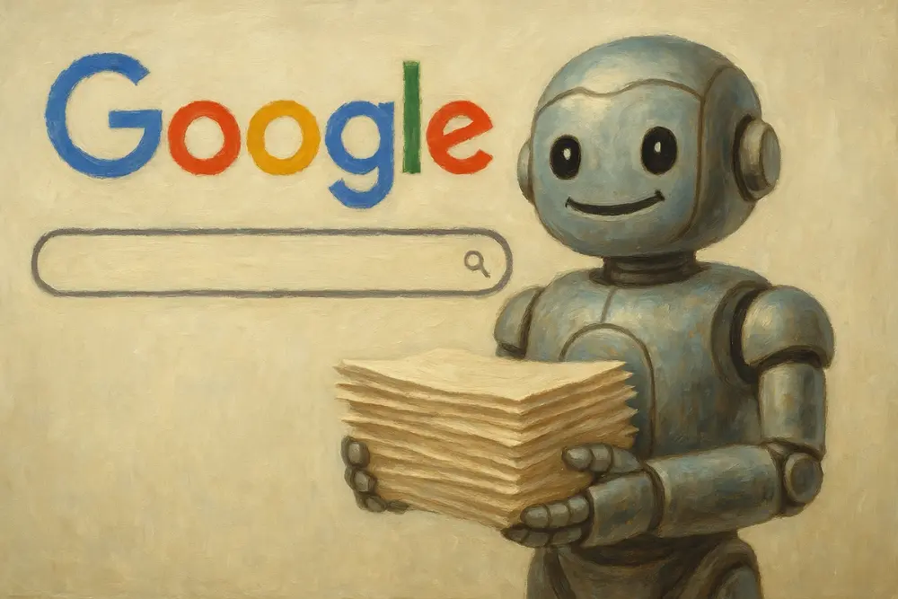A friendly robot holding papers in front of a Google search wall.