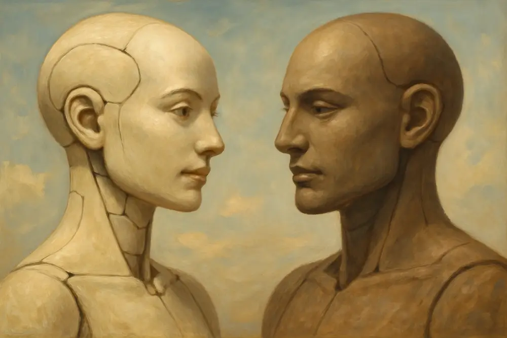 Two humanoid AIs face each other against a cloudy sky