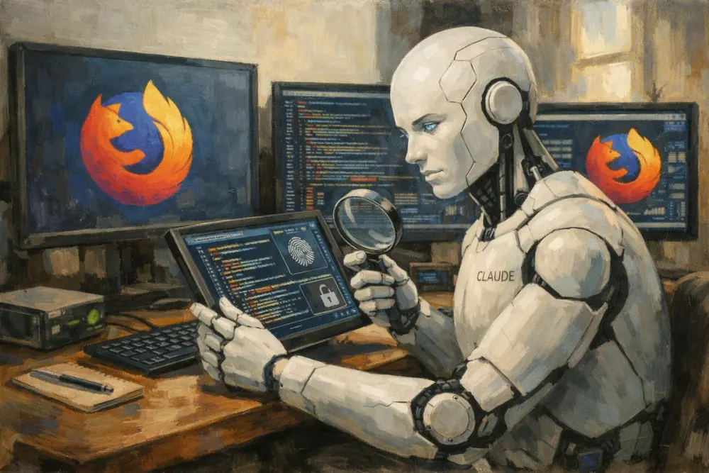AI robot “Claude” analyzing Firefox source code on multiple monitors
