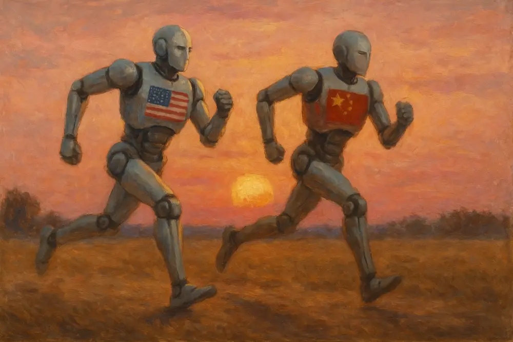 U.S. and Chinese robots racing at sunset