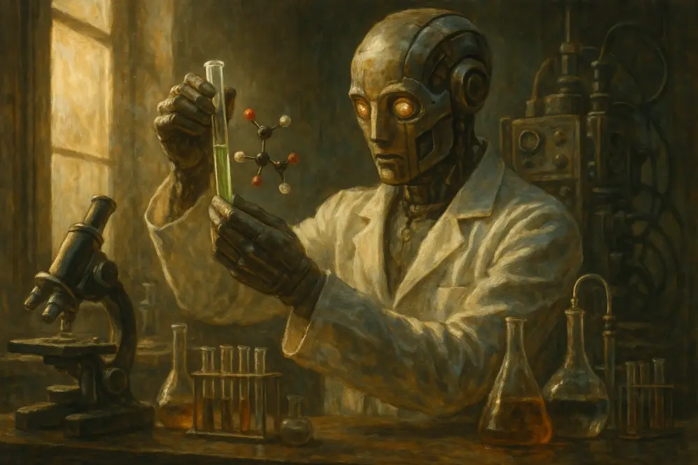 Robot scientist in a lab coat examining a test tube in a sunlit laboratory