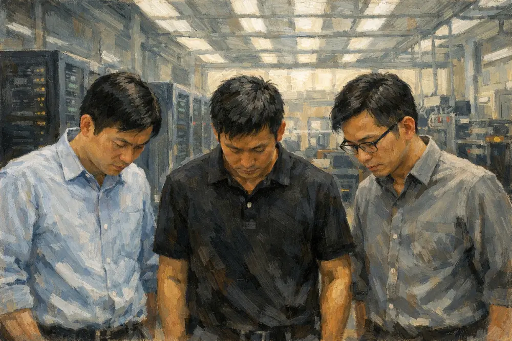 Three men in a server facility looking down.