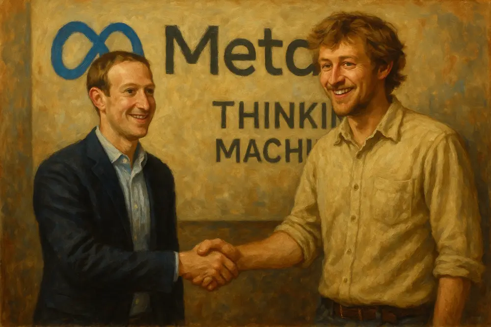 Zuckerberg and Tulloch shake hands before a Meta “Thinking Machines” backdrop