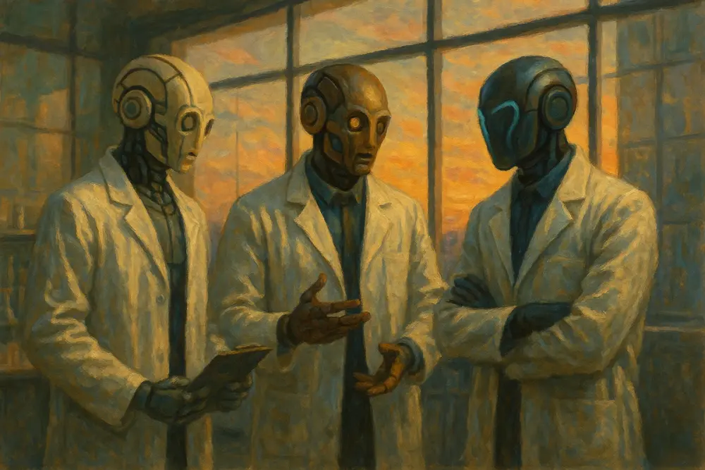 Three uniquely designed AI robots in lab coats stand together in a high-tech lab at sunset, engaged in a collaborative discussion