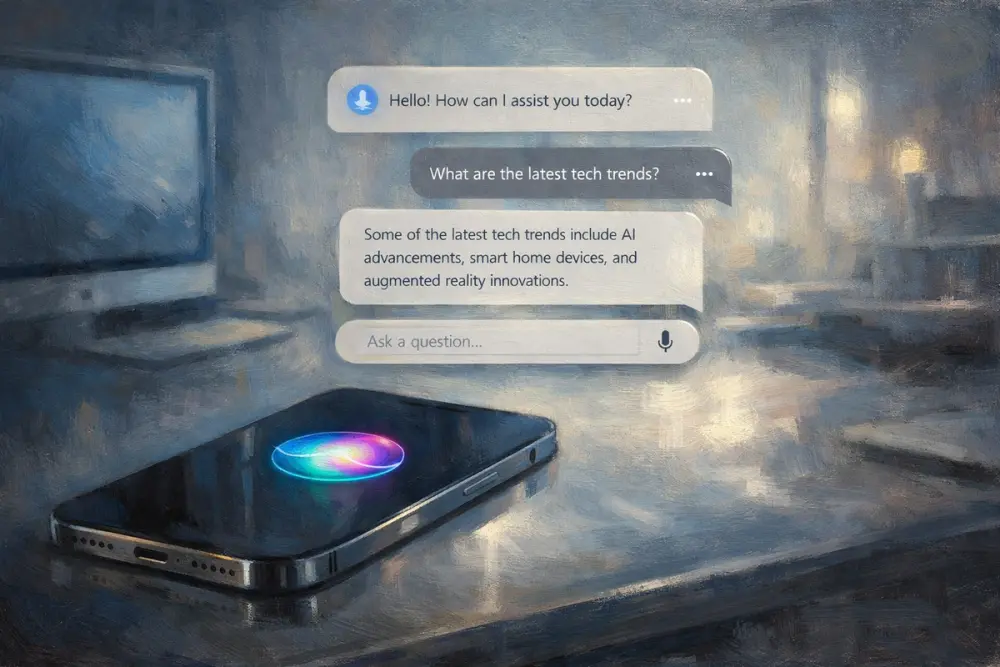 Sleek iPhone with a glowing AI assistant and floating chat interface