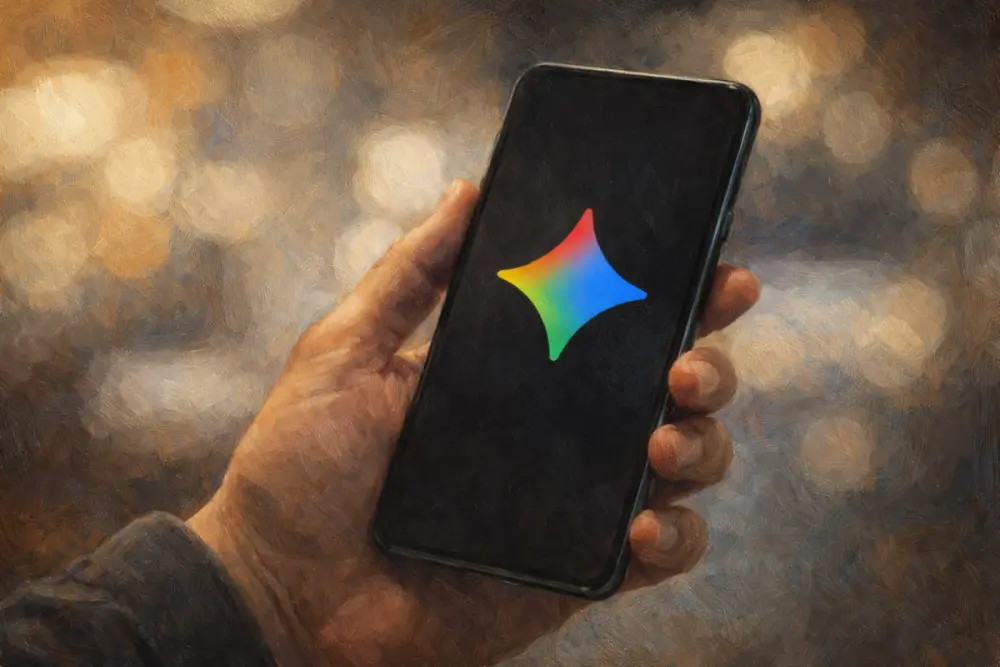 Hand holding a smartphone with the Gemini logo on screen.