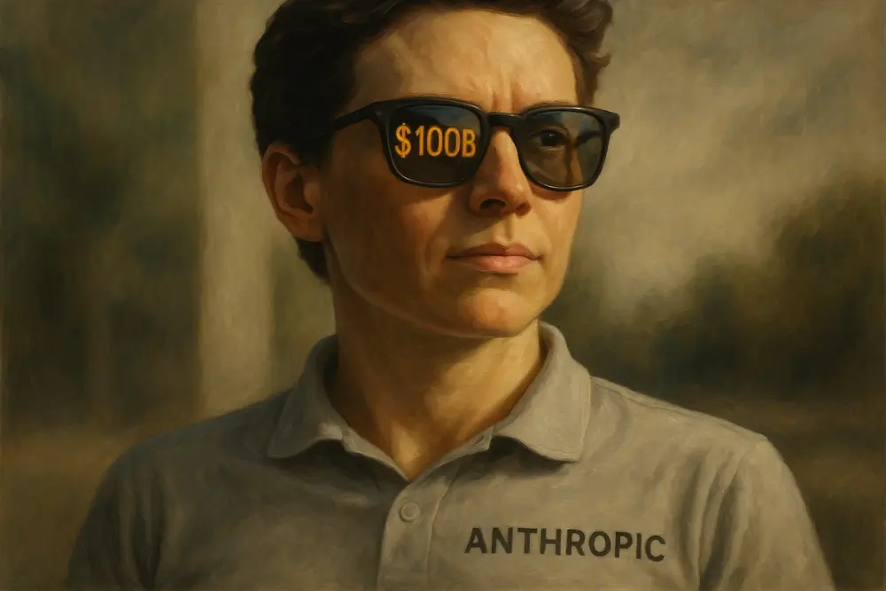 Person in sunglasses with "$100B" reflected in one lens, wearing a shirt labeled "Anthropic"