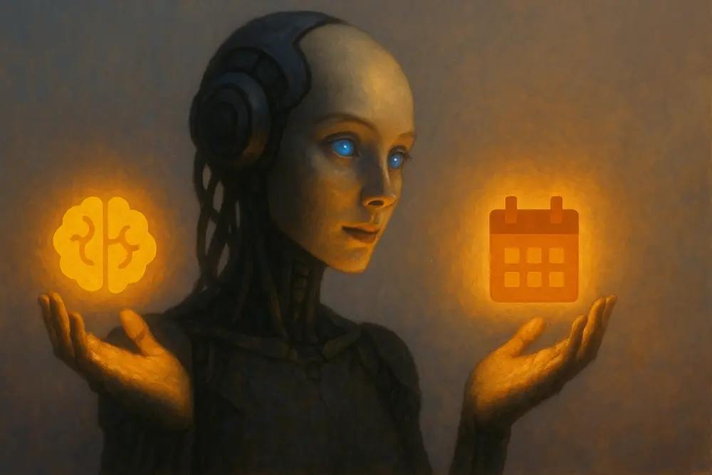 AI woman with blue eyes holds glowing brain and calendar icons in each hand