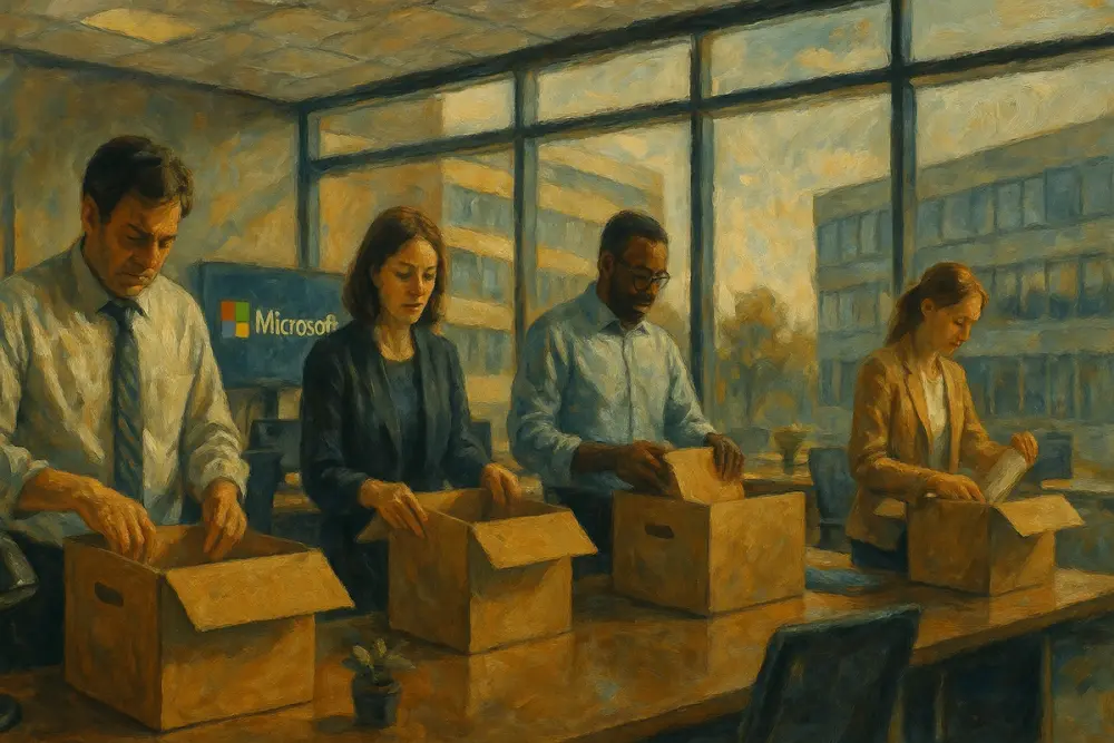 Microsoft employees packing belongings into cardboard boxes in a modern office with large glass windows