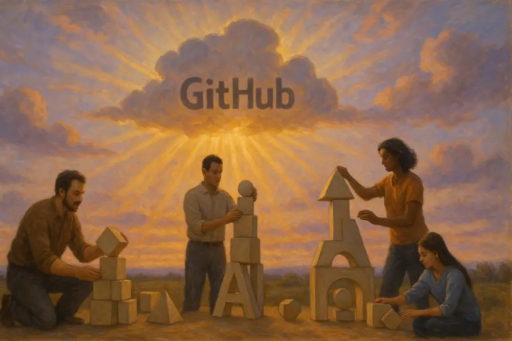 Four diverse individuals build abstract AI app structures from neutral 3D blocks under a golden sunset sky, with a glowing “GitHub” cloud above