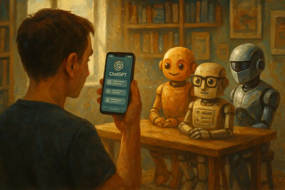 Person holding up a phone with ChatGPT on the screen while three distinct robots sit around a wooden table