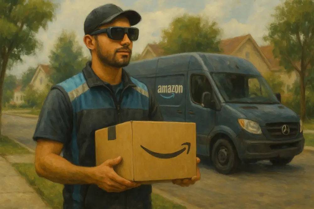 Amazon driver with smart glasses holding a package by a van