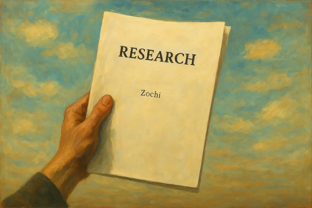 A hand holds a printed research paper titled "RESEARCH" by Zochi
