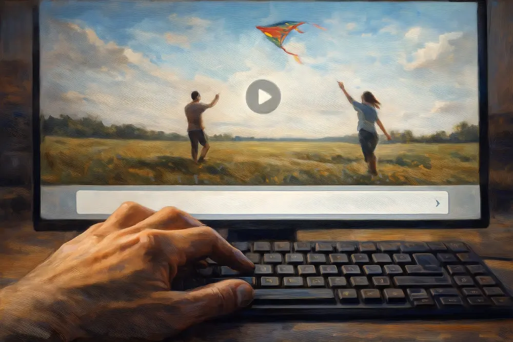 A hand typing on a keyboard while a monitor plays a video of two people flying a kite