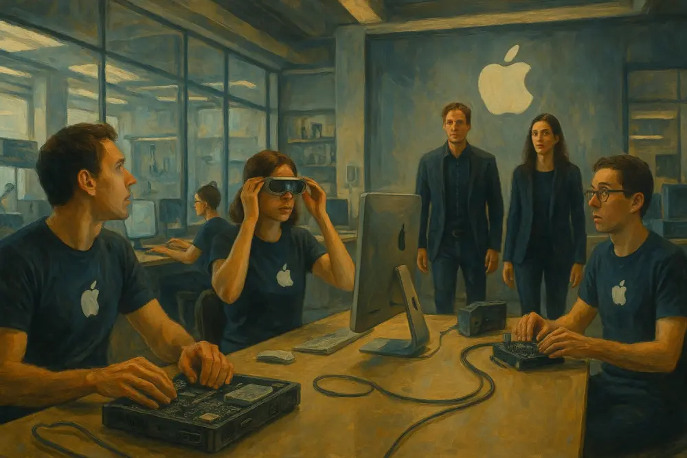 Engineers in an Apple lab, focused on AR glasses and hardware, pausing as two visitors enter the room