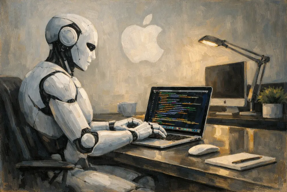 AI humanoid typing code on a MacBook