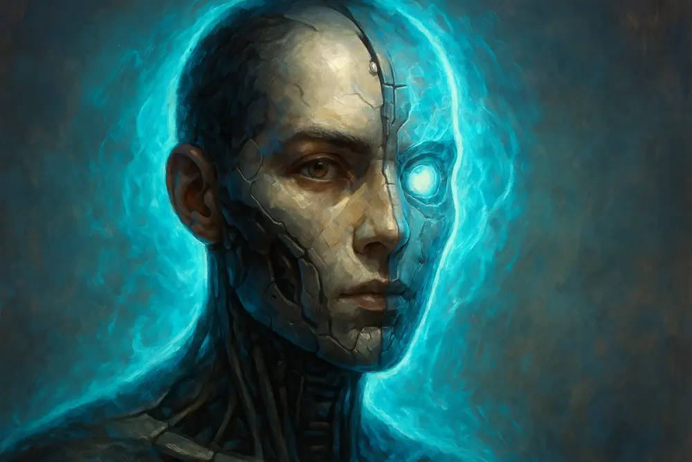 Humanoid AI with a face blending human and machine features