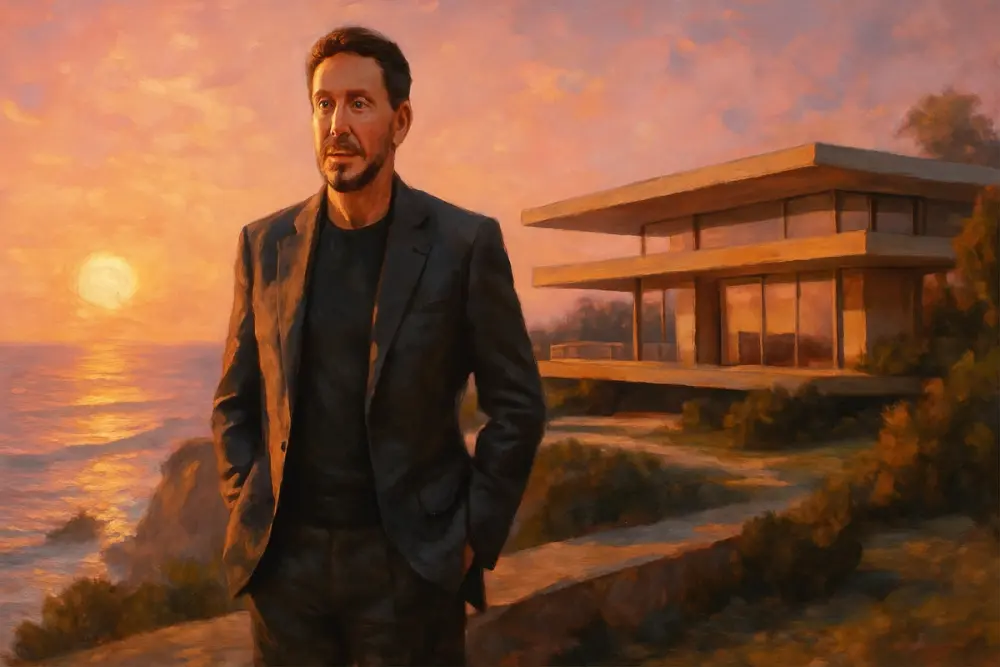 Larry Ellison stands in a suit on a cliffside estate at sunset, with a modern mansion and ocean behind him