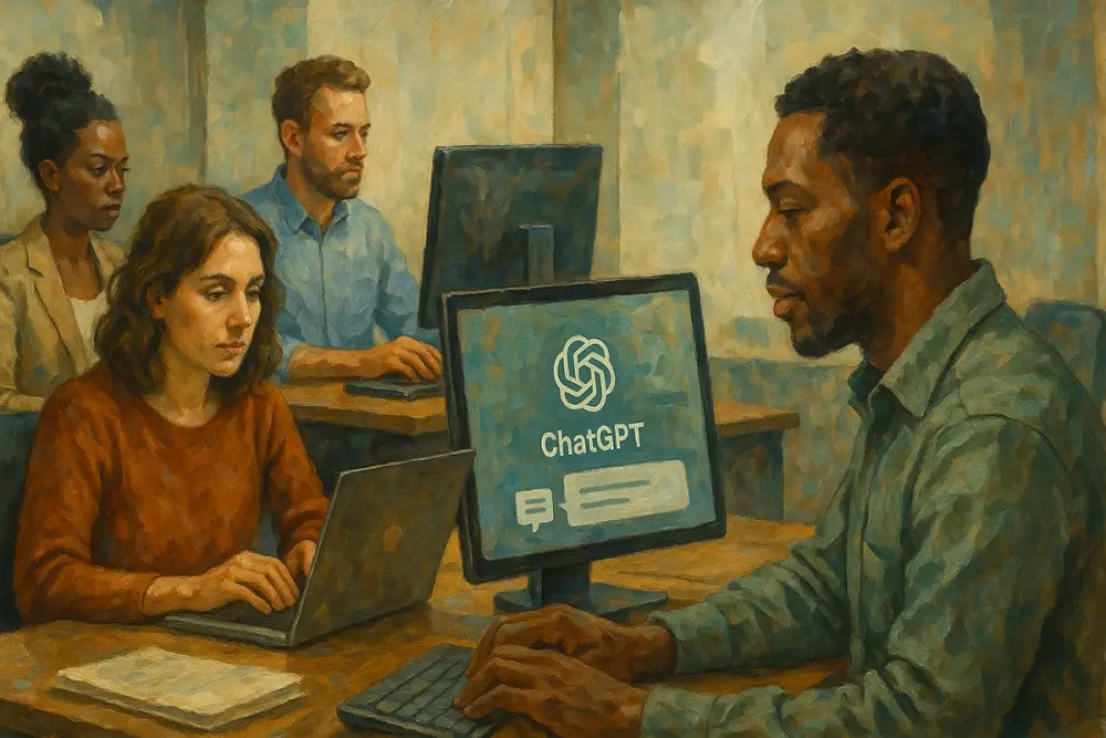 A modern office with four diverse workers at their desks; one man is using ChatGPT on his computer