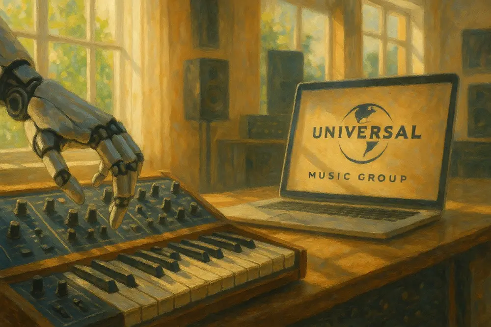 A robotic hand plays a synthesizer beside a laptop showing the Universal Music Group logo