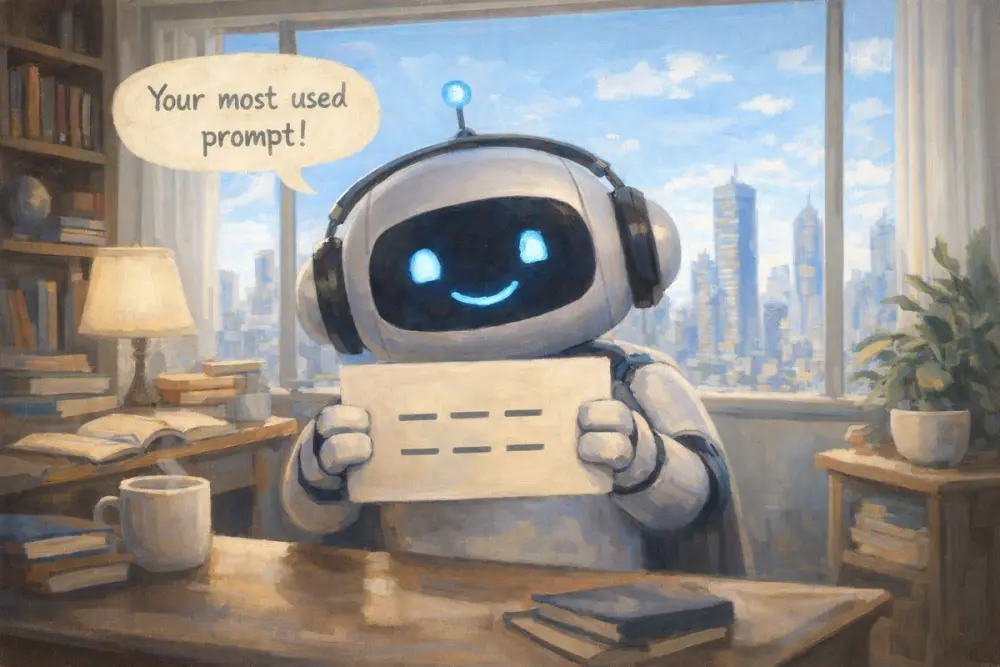 Friendly chatbot in a bright study holding a flash card