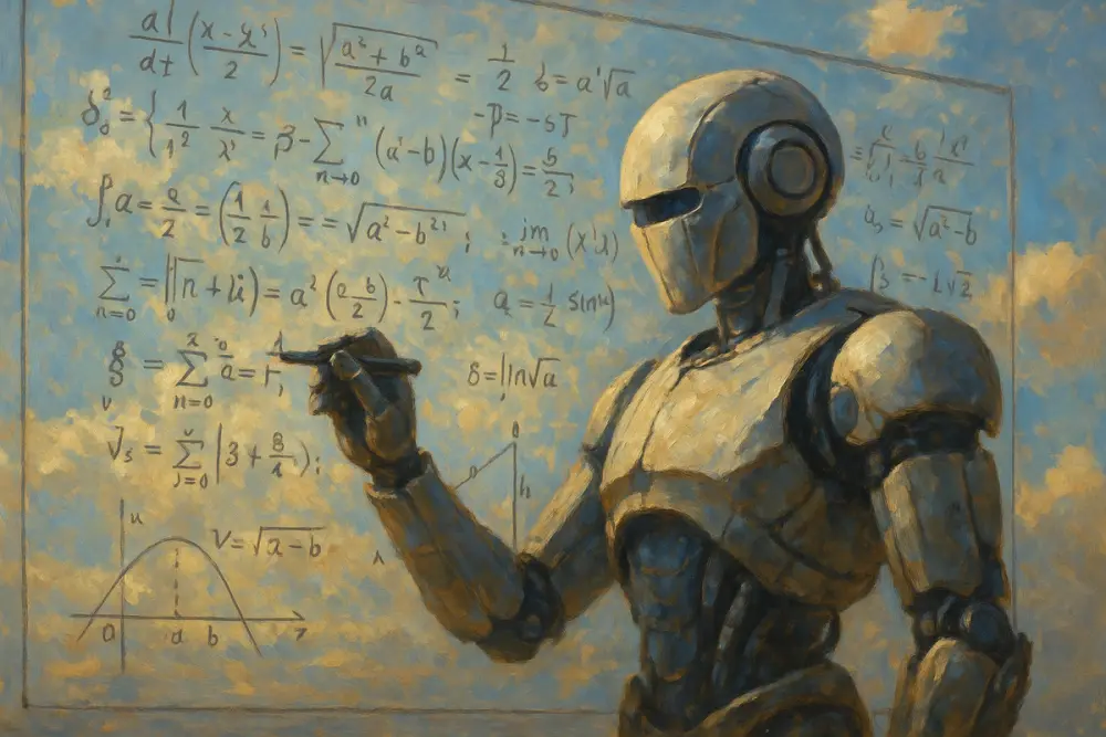 An AI robot writes complex math equations on a transparent glass board