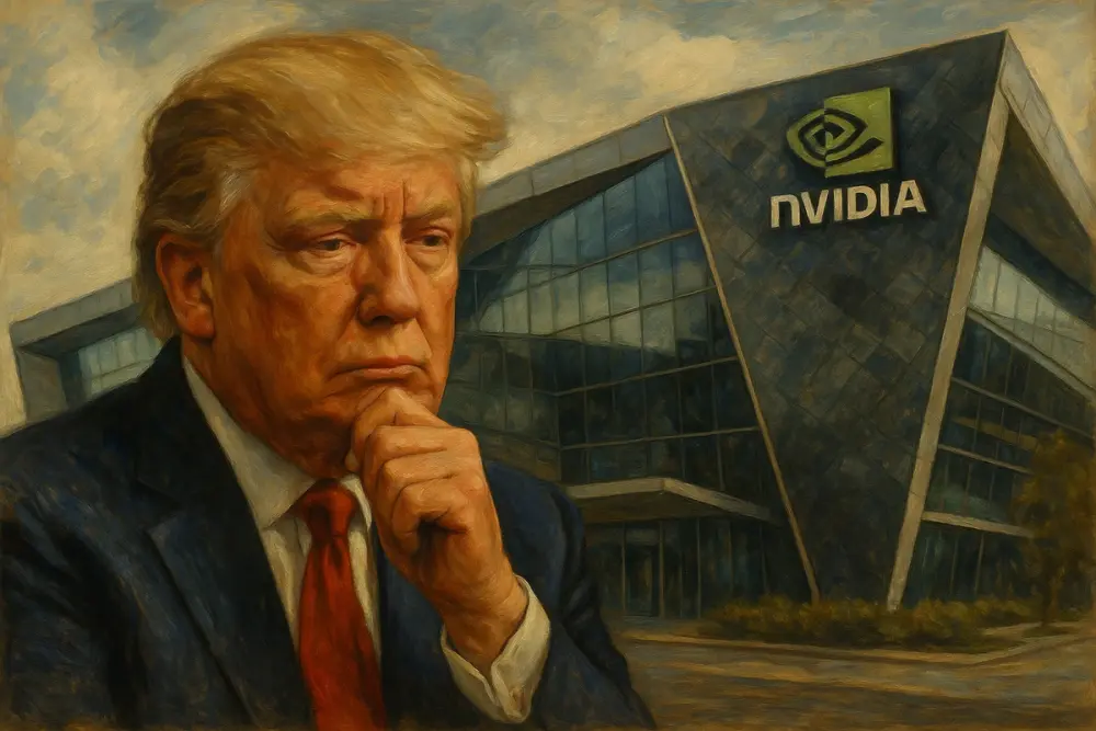 Donald Trump in foreground with NVIDIA headquarters behind him