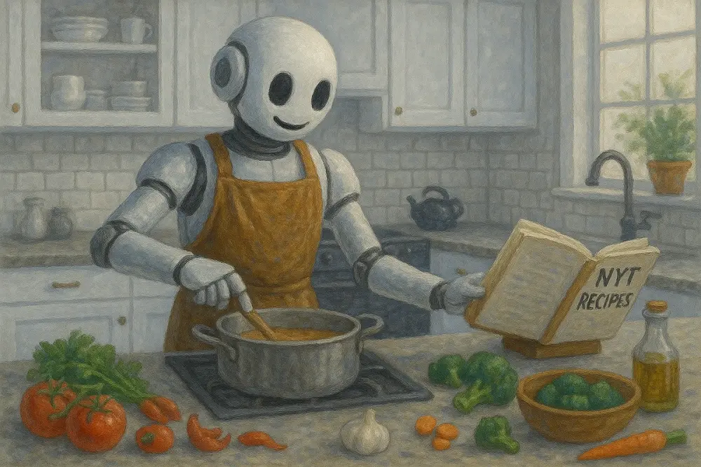 Robot in apron cooks in white kitchen, reading NYT Recipes