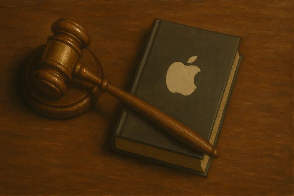 A wooden judge’s gavel rests on a polished table beside a closed Apple-branded book