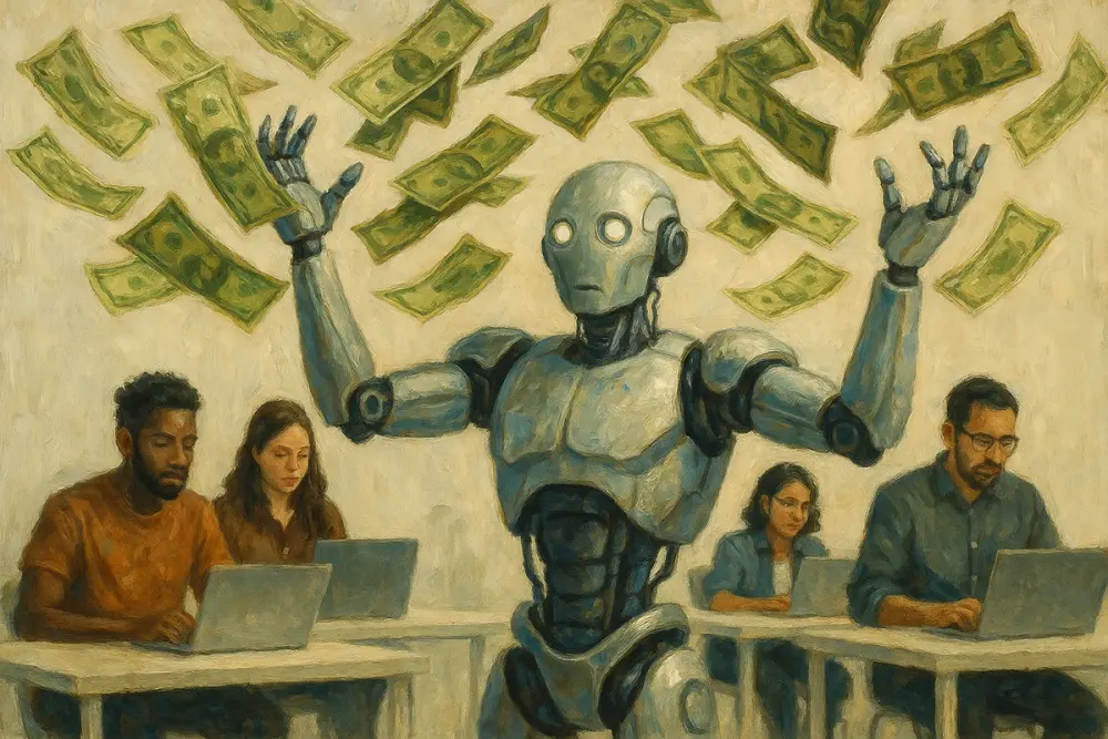 A robot tosses cash as employees work on laptops in the background