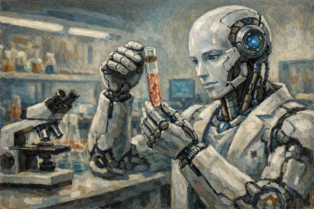 AI robot scientist in a modern laboratory carefully examining a test tube