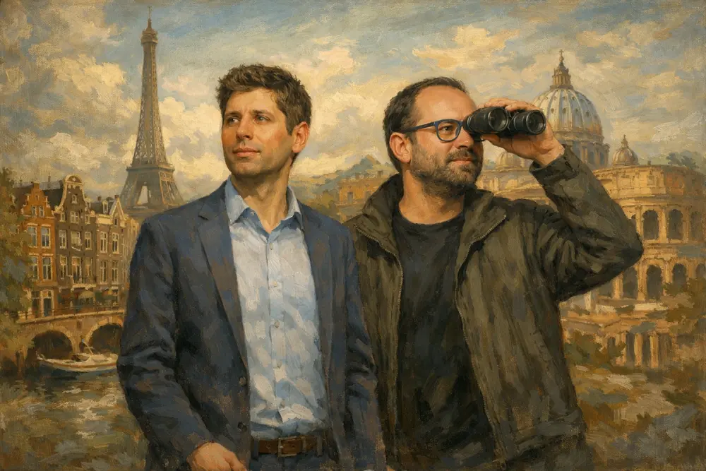 Sam Altman and Dario Amodei standing together, with Amodei looking through binoculars against a backdrop of iconic European landmarks