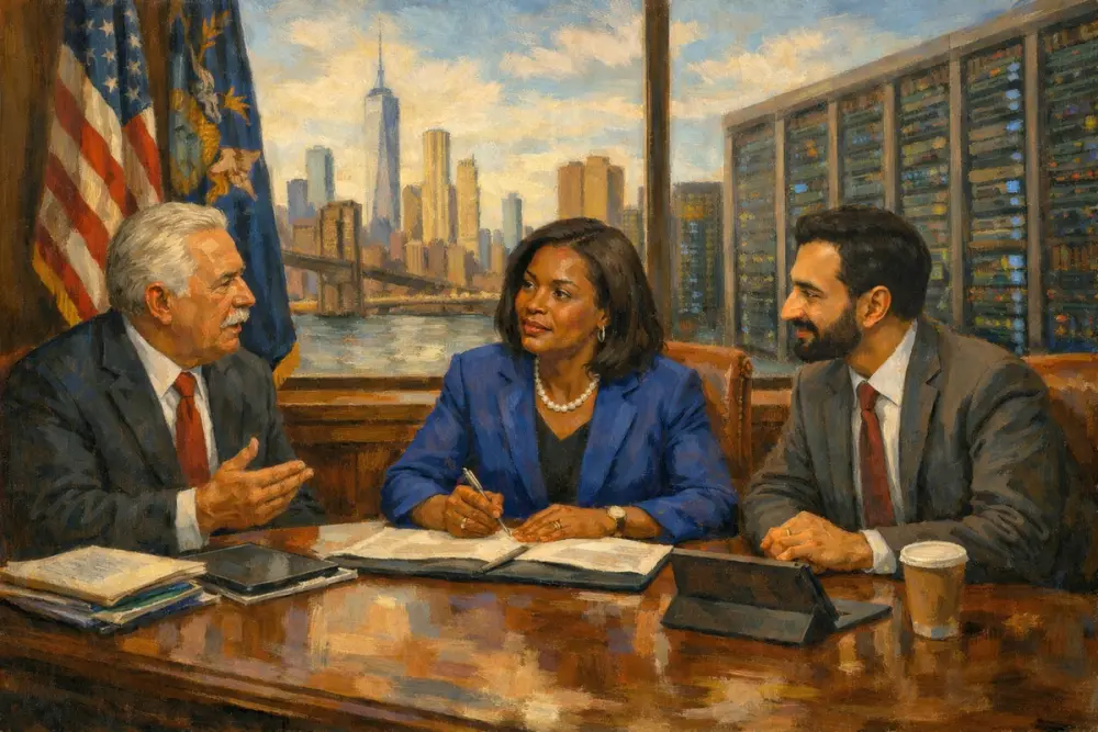Three New York lawmakers meet at a table, with the Manhattan skyline and a data center visible behind them