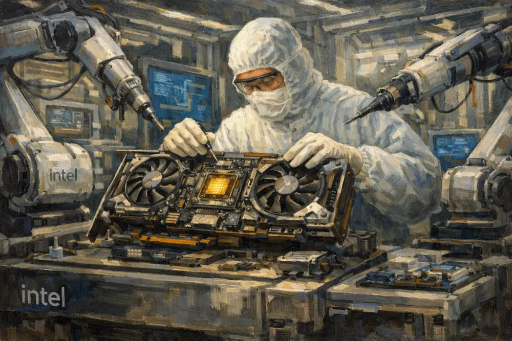 Intel engineer assembling a next-gen GPU in a high-tech cleanroom.