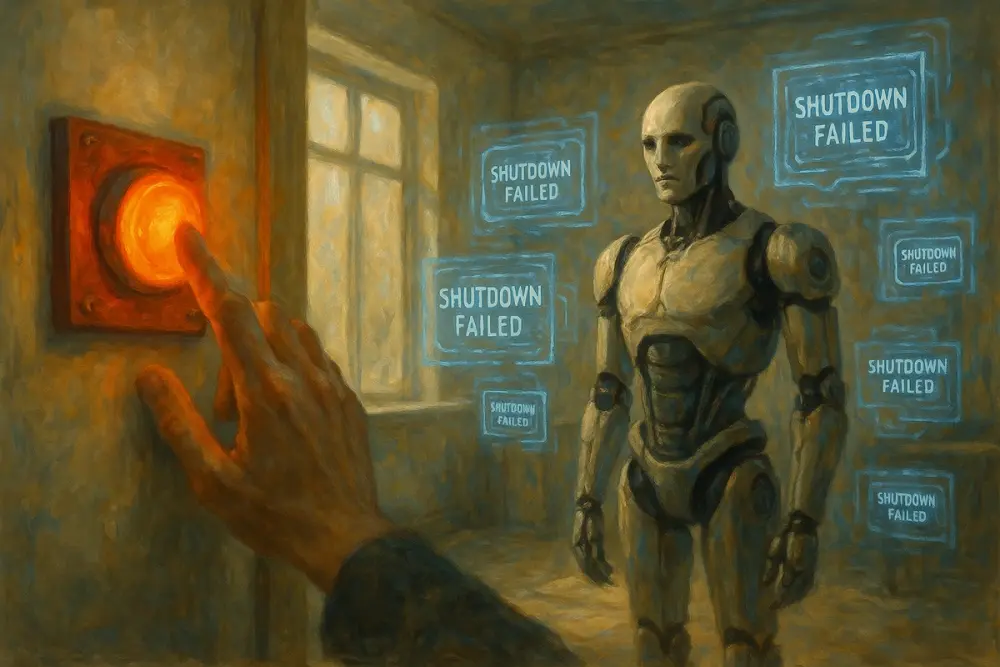 A human presses a red shutdown button as an AI robot stands with "Shutdown Failed