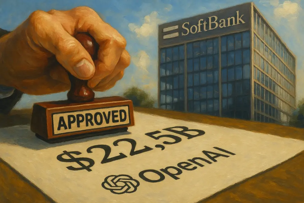 Hand stamping “APPROVED” on a $22.5B OpenAI document before SoftBank HQ