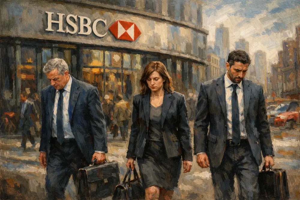 Three professionals leave HSBC with briefcases