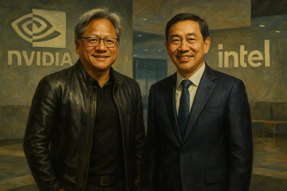 Jensen Huang and Lip Bu Tan stand side by side, smiling in front of NVIDIA and Intel logos at a tech conference