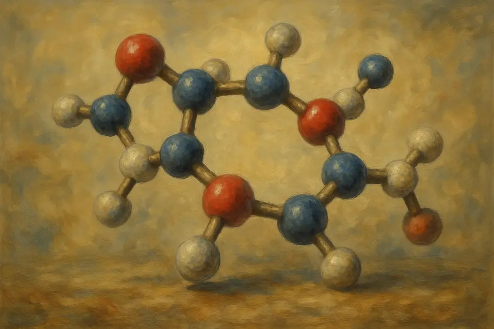 A detailed 3D cancer drug molecule floats at the center against a softly blurred, cool-toned background of blues and whites