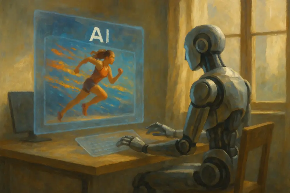 AI robot types on a transparent keyboard at a sunlit desk while watching a vivid holographic ad of a running athlete