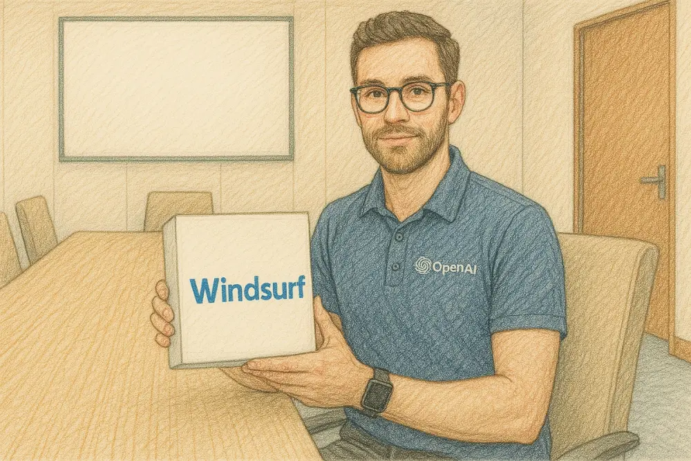 A professional man wearing an OpenAI shirt, glasses, and a smartwatch holds a box labeled "Windsurf"