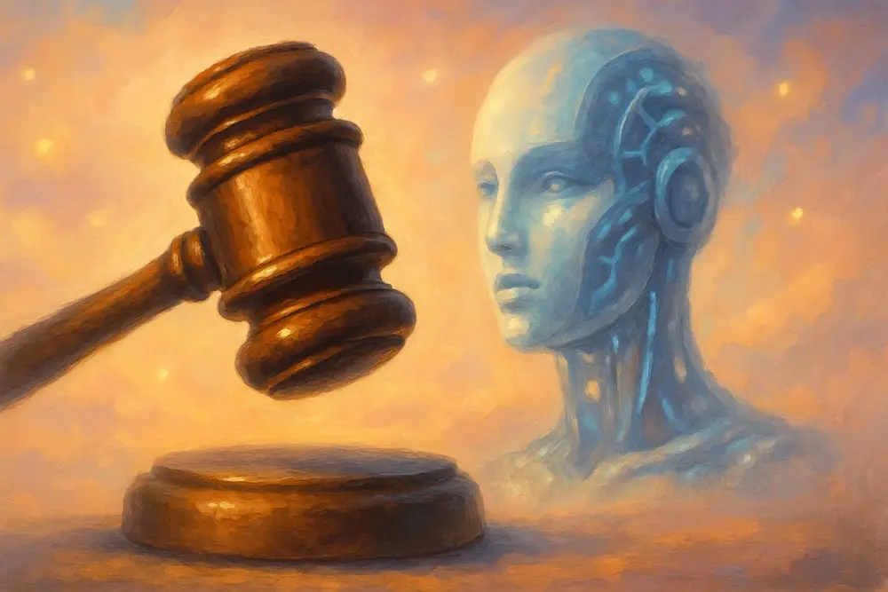 A large gavel hovering over a sound block with a futuristic AI face in the background