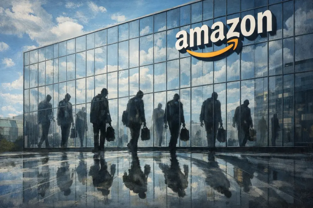Amazon glass headquarters with shadowy employee silhouettes
